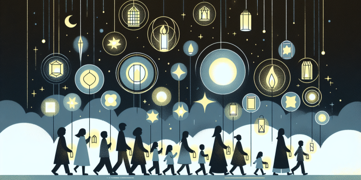 Eine schematische, KI generierte Darstellung von mehreren Menschen auf einem Laternenumzug, über Ihnen mehrere Laternen und Sterne am Himmel