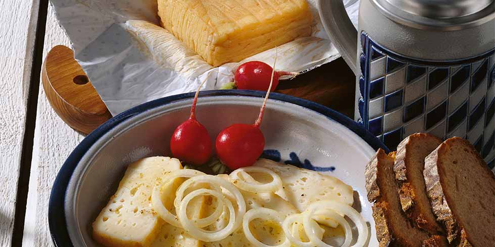 ein Teller mit Steinbuscherscheiben, Zwiebelringen und Radieschen, daneben eine Bierkrug, 3 Scheiben Brot und ein Stück Käse